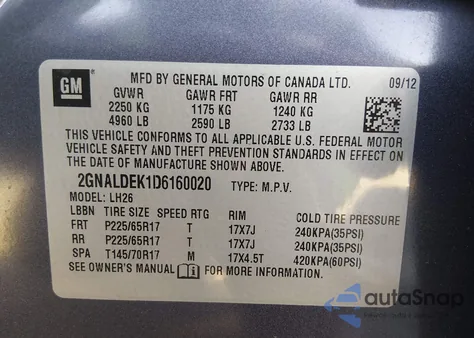 2013 Chevrolet Equinox 1Lt из США, поврежденный, VIN 2GNALDEK1D6160020